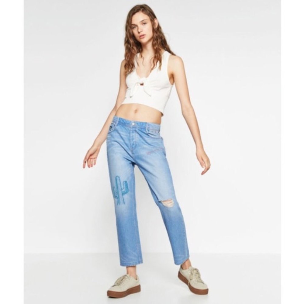 Zara Trafaluc - Embroidered Cactus Boyfriend Jeans